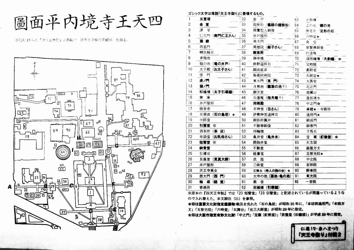 上方落語研究　「天王寺詣り」独案内　A4判16頁・付図2点　境内巡回ルート　五代目笑福亭松鶴　淡路屋太郎兵衛　巻物の橋　夫婦竹_付図2：昭和15年「四天王寺境内平面図」