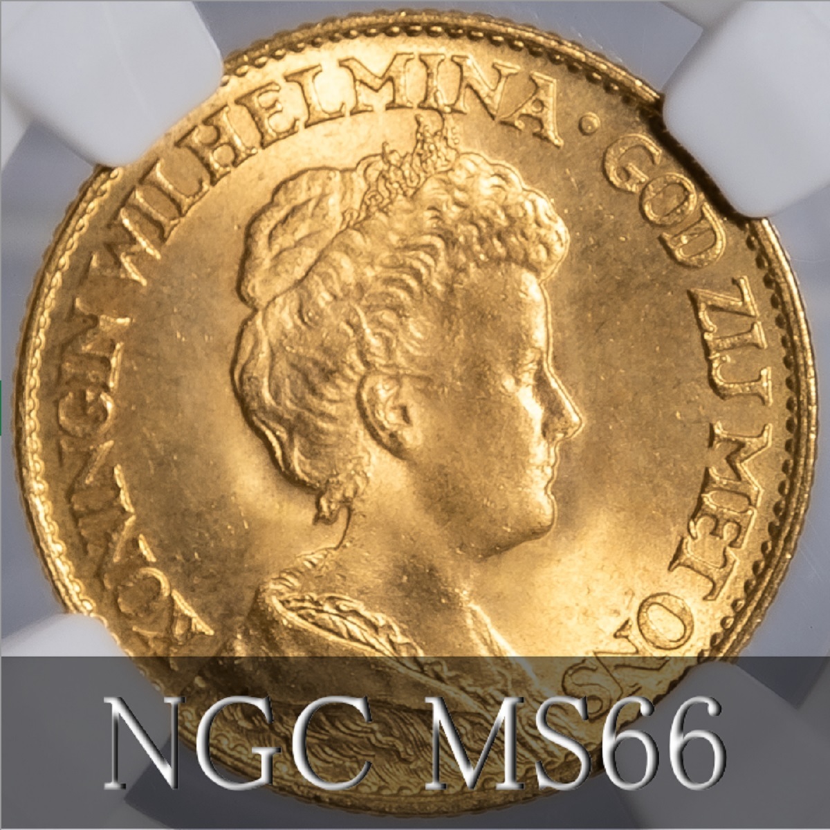 【ウィルヘルミナ女王 成年像】1917年 オランダ 10グルデン ギルダー 金貨 NGC MS66 ユトレヒト 高鑑定 mature head アンティークコインの画像1