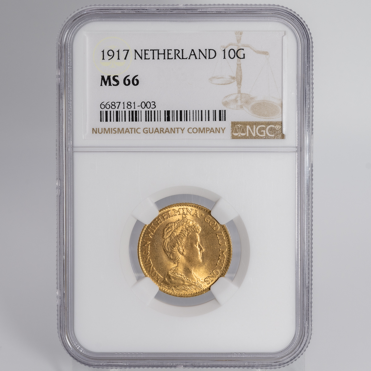 【ウィルヘルミナ女王 成年像】1917年 オランダ 10グルデン ギルダー 金貨 NGC MS66 ユトレヒト 高鑑定 mature head アンティークコインの画像2