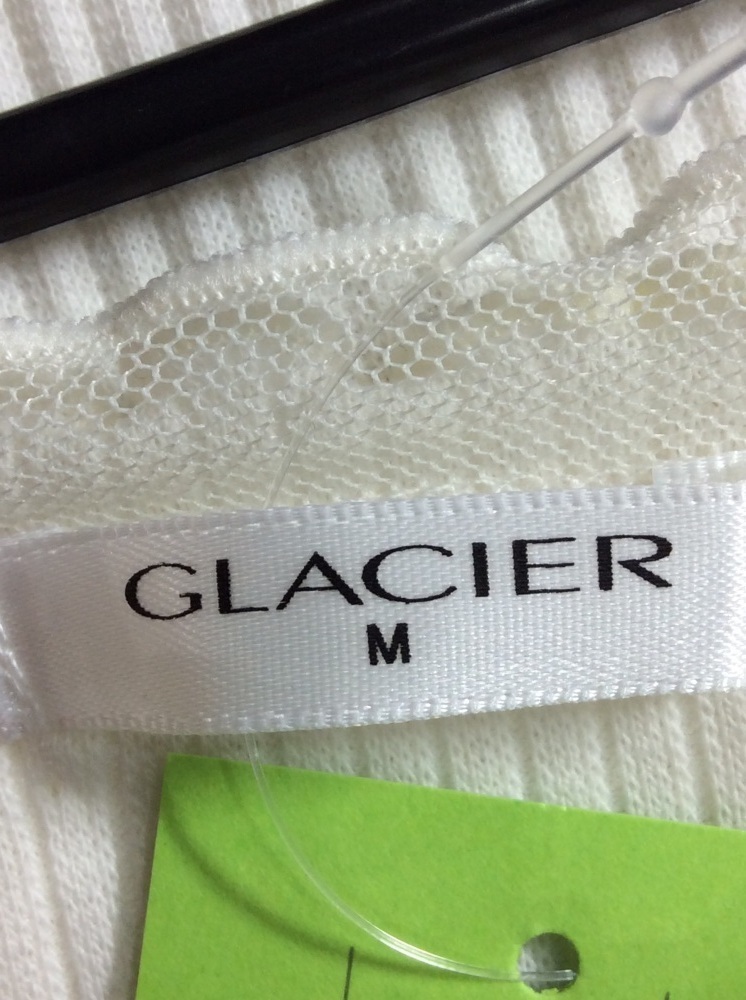 GLACIER オフ白5.6分ほど袖リブカットソー 首まわりビーズ飾り サイズM_画像6