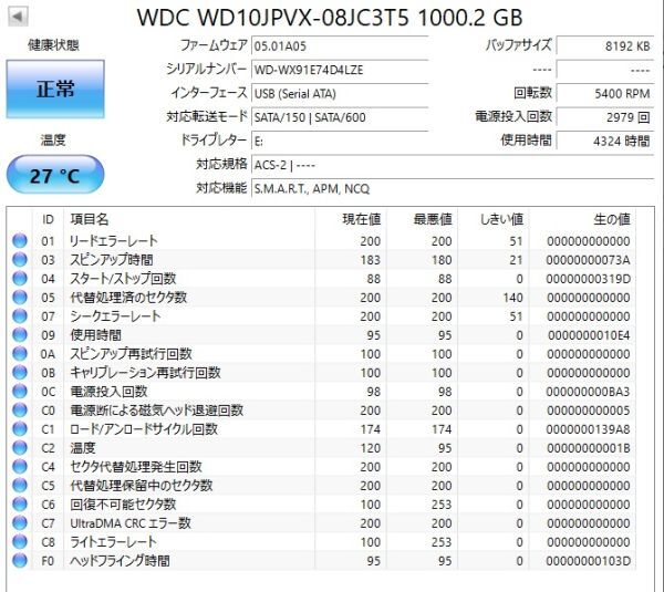 【使用時間4324時間】WD 1TB(1000GB) HDD WD10JPVX-08JC3T5 2.5インチ 9.5mm厚 CrystalDiskInfo正常判定【4LZE】の画像2