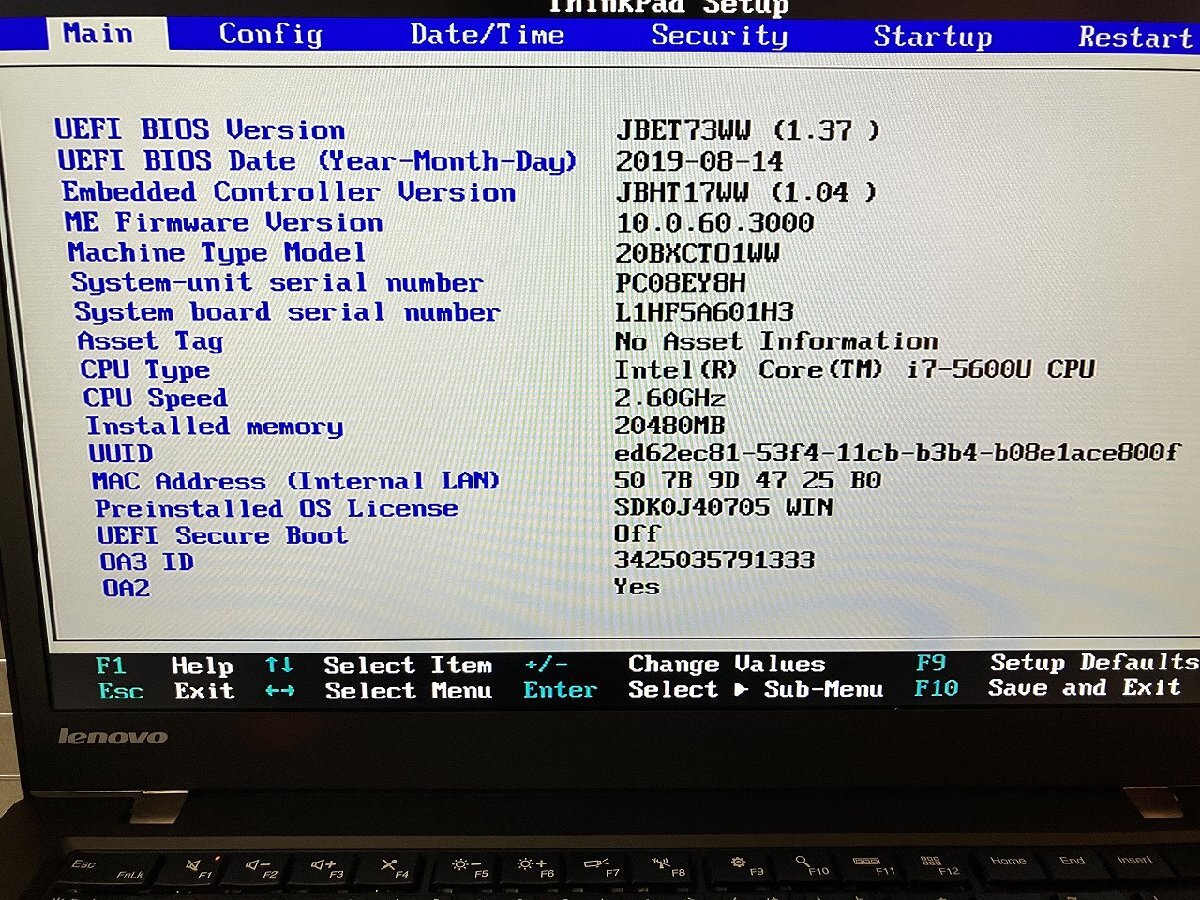 【大分発送】【ジャンク品】Ienovo / ThinkPad / T450s / IntelCorei7-5600U CPU / SSD無し /ノートパソコン /中古品の画像8