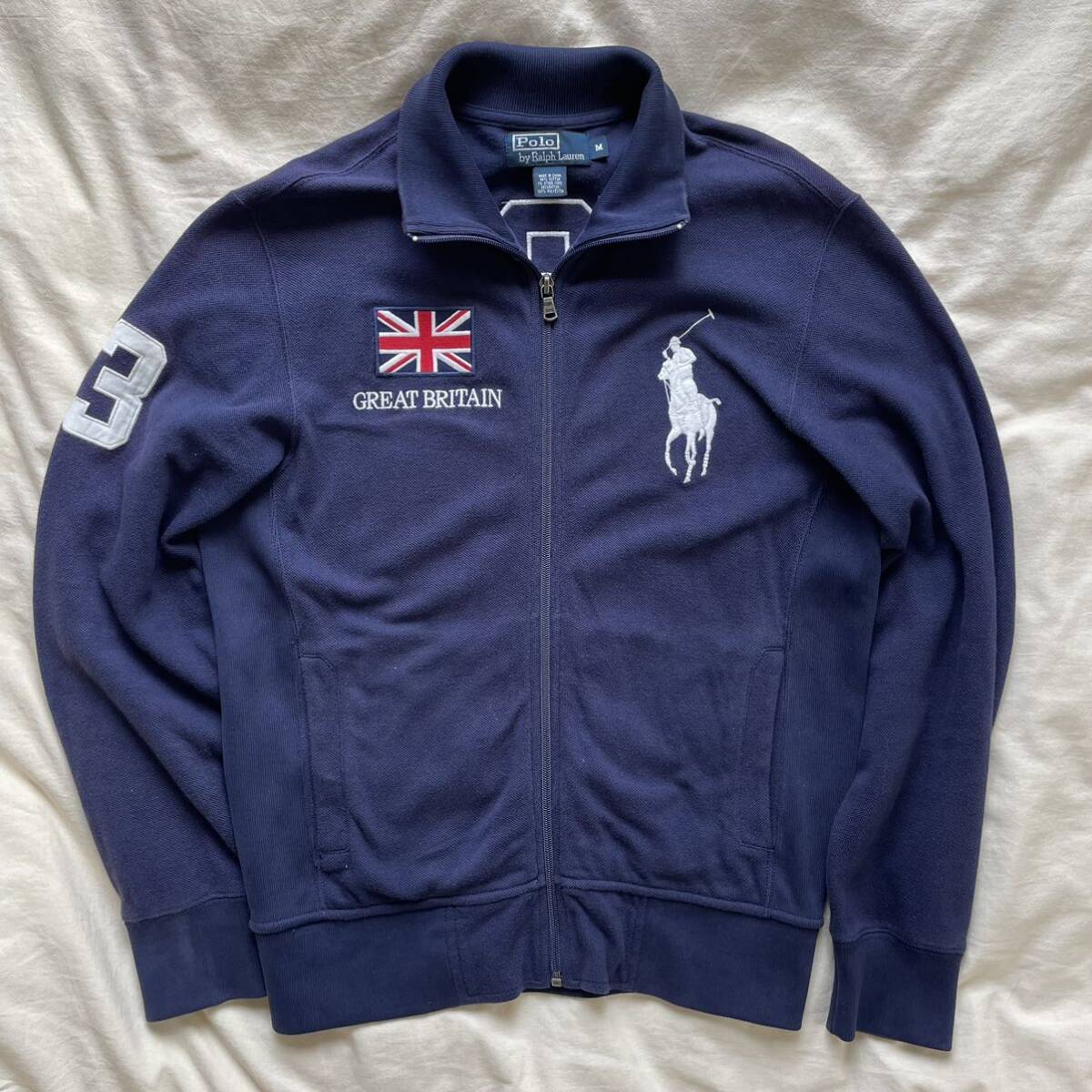 Polo Ralph Lauren ラルフローレン ジップブルゾン トラックジャケット ネイビー 刺繍 ビッグポニー イギリス 国旗 M メンズ 1円_画像1