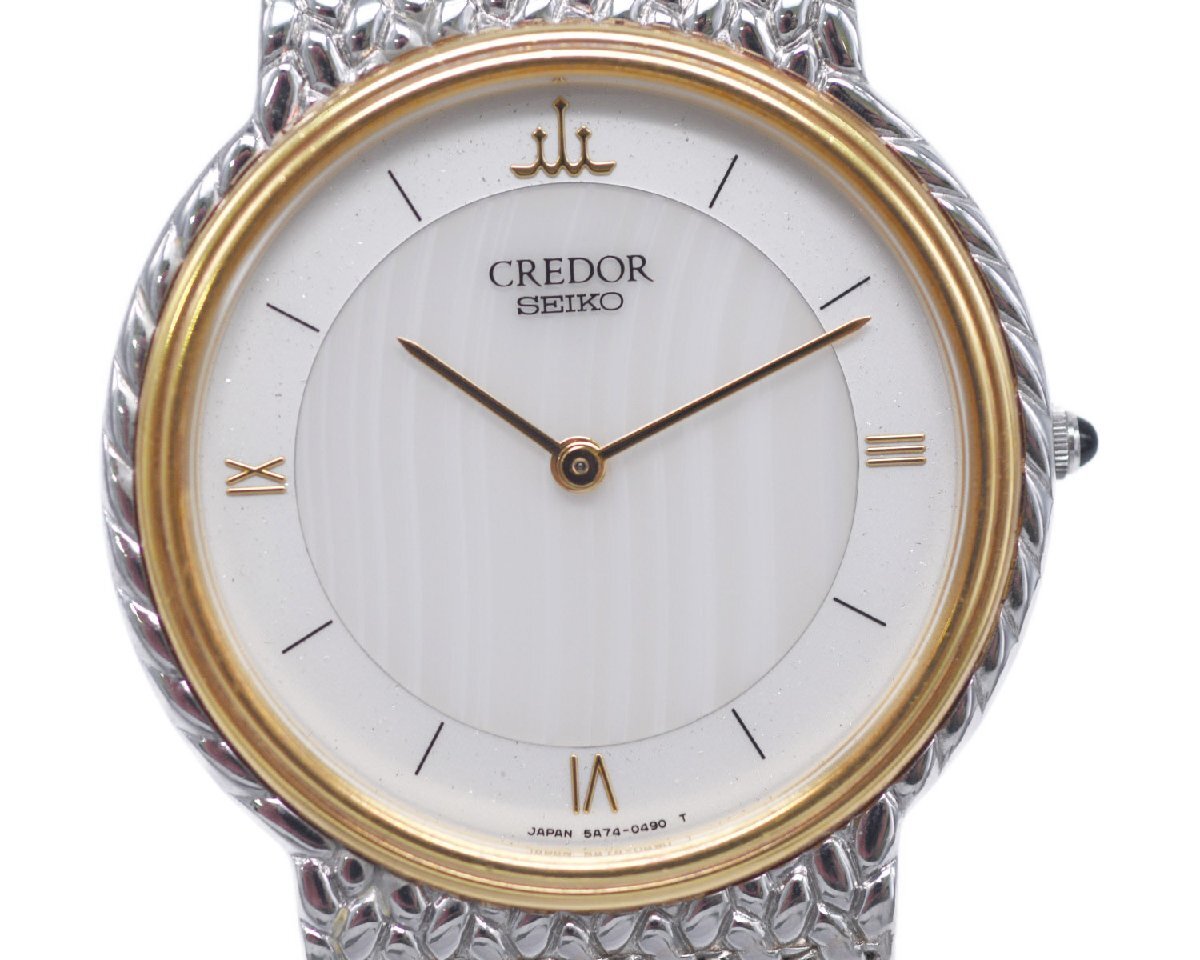 [美品] 稼働品【SEIKO】セイコー クレドール 5A74-0240 メンズ 18KT 18金ベゼル コンビ クォーツ 中古美品 箱付_画像1