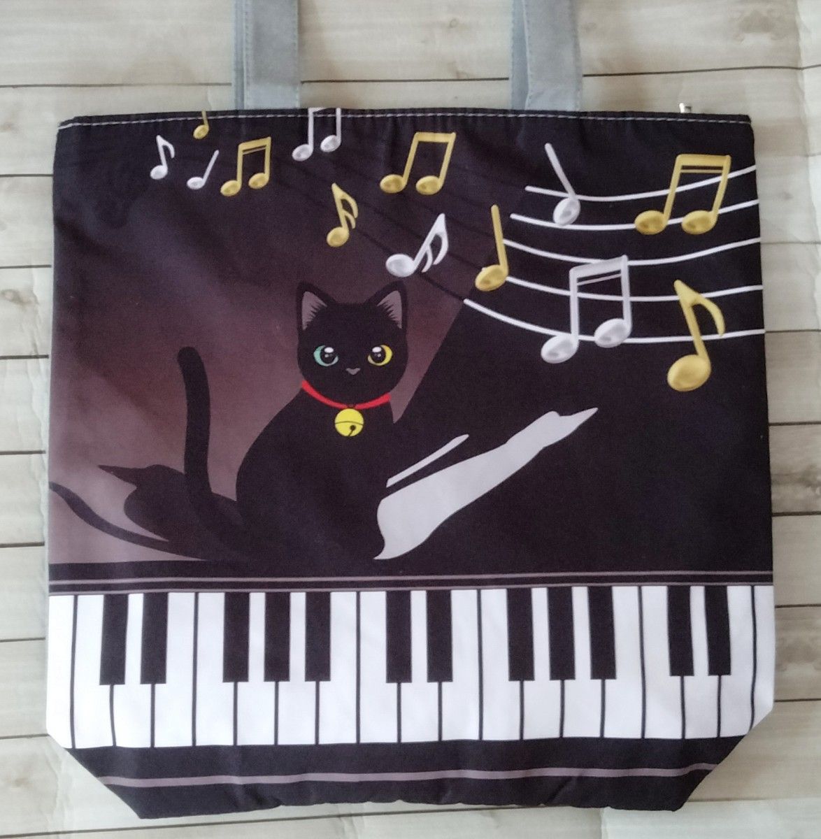 【トートバッグ 】エコバッグ　黒猫　ピアノ　グレー　ショルダー　24時間以内発送　ショッピング　アウトドア　音符　ねこ　猫　新品