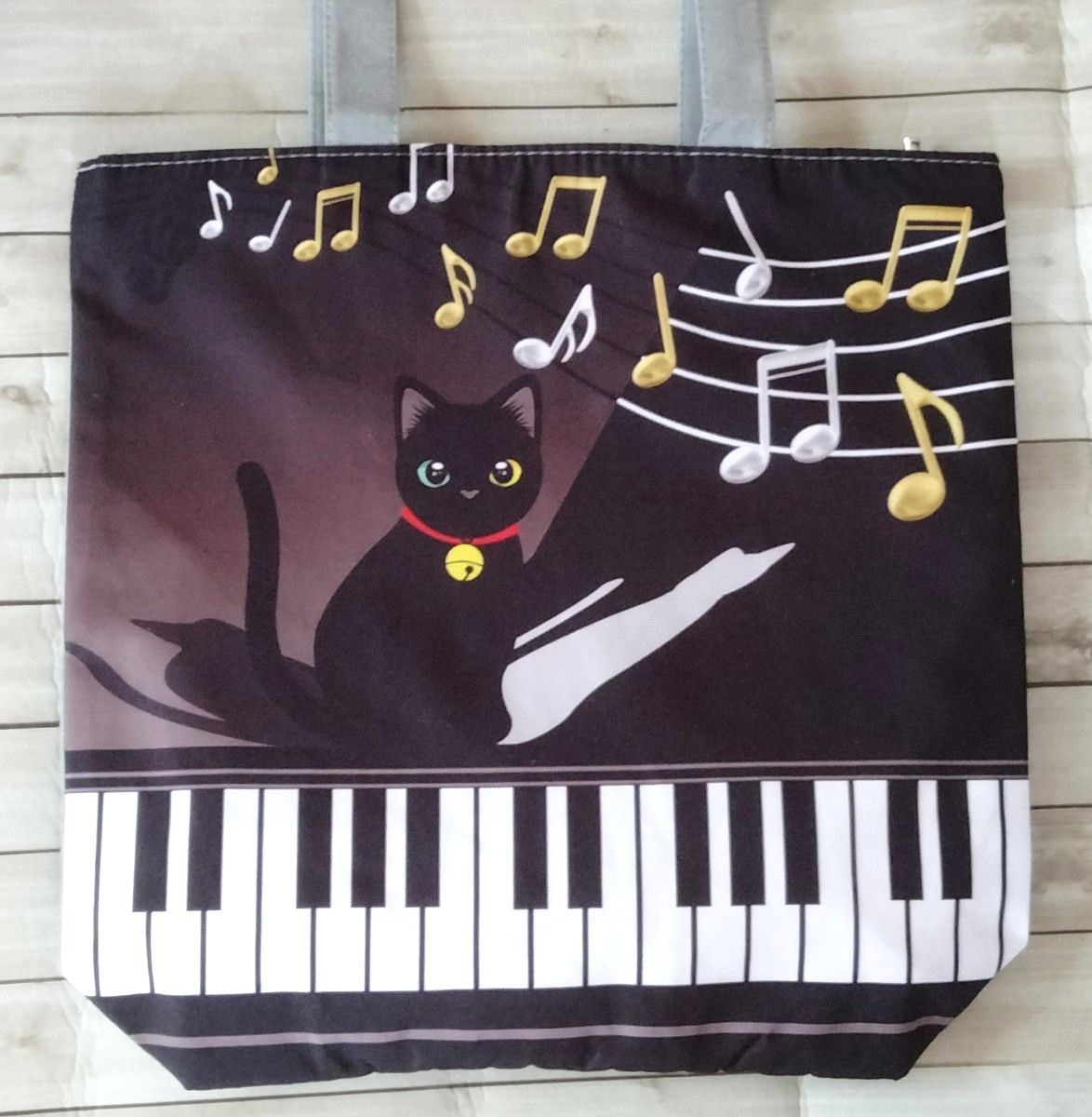 黒猫【トートバッグ 】エコバッグ　ピアノ　グレー　匿名配送　24時間以内発送　ショッピング　アウトドア　猫　ねこ　ネコ　新品