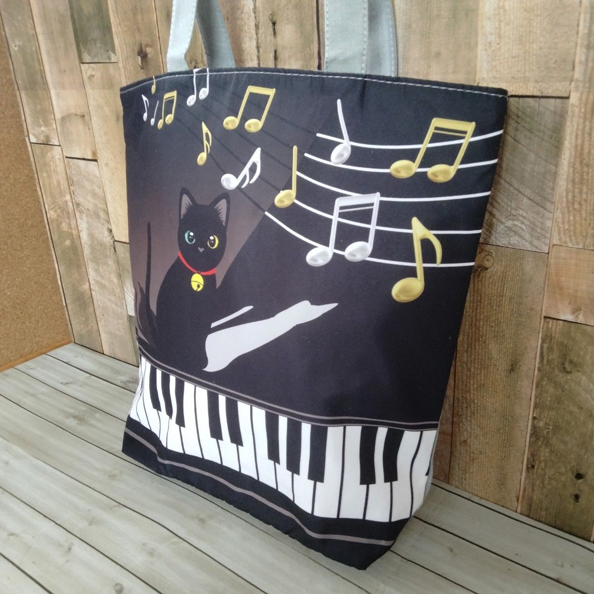 【トートバッグ 】エコバッグ　黒猫　ピアノ　グレー　ショルダー　24時間以内発送　ショッピング　アウトドア　音符　ねこ　猫　新品