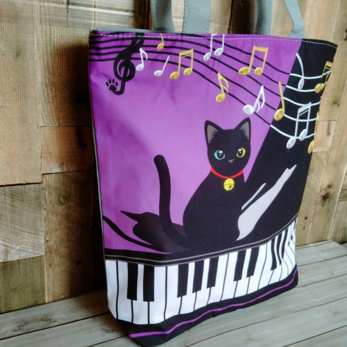 【トートバッグ 】エコバッグ　黒猫　ピアノ　パープル　ショルダー　24時間以内発送　ショッピング　アウトドア　新品　音符　ねこ　猫