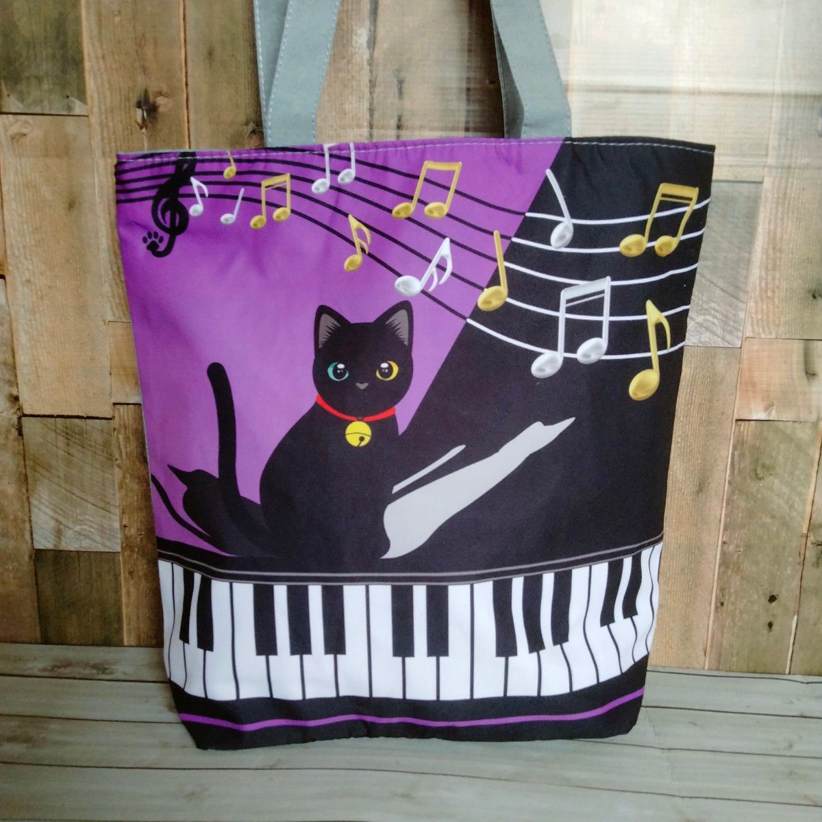 【トートバッグ 】エコバッグ　黒猫　ピアノ　パープル　ショルダー　24時間以内発送　ショッピング　アウトドア　新品　音符　ねこ　猫