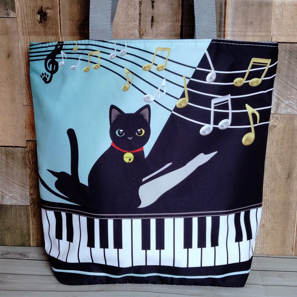 黒猫【トートバッグ 】エコバッグ　ピアノ　グリーン　匿名配送　24時間以内発送　ショッピング　アウトドア　猫　ネコ　ねこ　新品
