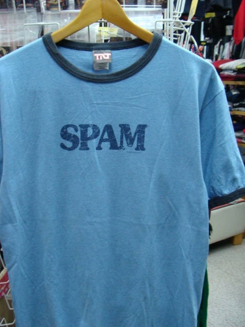 US古着 SPAM スパム ロゴプリント リンガーTシャツ 杢ブルー (M)【ネコポス可能】の画像1