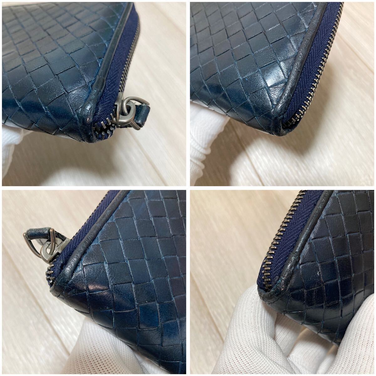 美品 ボッテガヴェネタ 長財布 ラウンドファスナー イントレチャート ウォレット レザー BOTTEGA VENETA ダークネイビー 濃紺 メンズの画像4