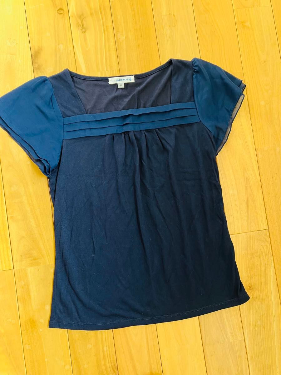 【オシャレな袖！】ブルーの袖のかわいい、お洒落Tシャツ トップス カットソー 半袖 半袖Tシャツ シフォン 無地 Tシャツ