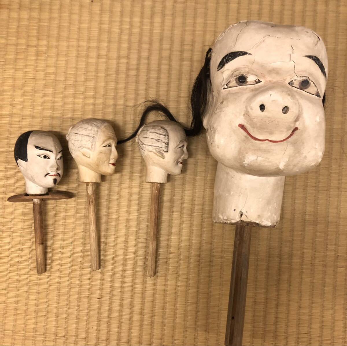 6800円 珍品!小型古浄瑠璃時代の人形3体と大型の首 文楽 阿波 6800円 珍品!小型古浄瑠璃時代の人形3体と大型の首 文楽 阿波