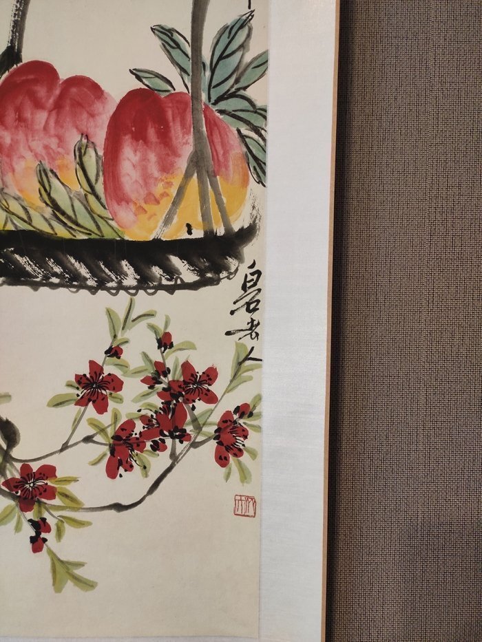 斉白石　植物画　 三千壽桃　桃　花　画仙紙使用　コレクション　中国古美術品　中国美術品　中国書画　復刻　掛軸　巻物 zh36_画像2