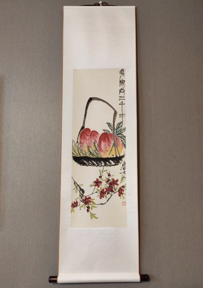 斉白石　植物画　 三千壽桃　桃　花　画仙紙使用　コレクション　中国古美術品　中国美術品　中国書画　復刻　掛軸　巻物 zh36_画像1