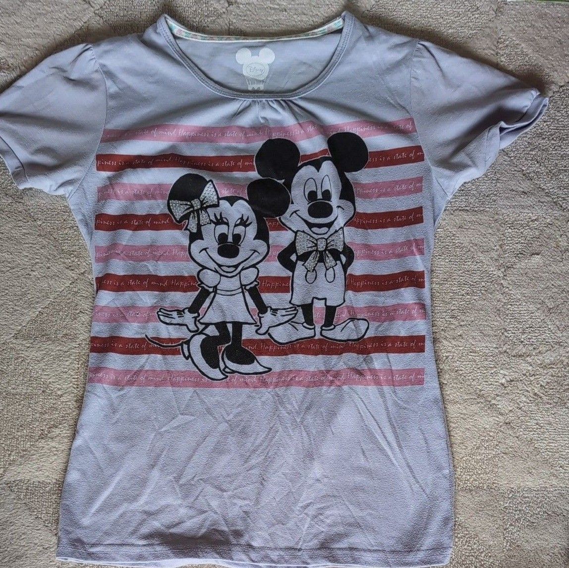 レディース Tシャツ ミッキーマウス＆ミニーマウス Lサイズ  半袖Tシャツ ラインストーン ディズニー ミッキー ミニー