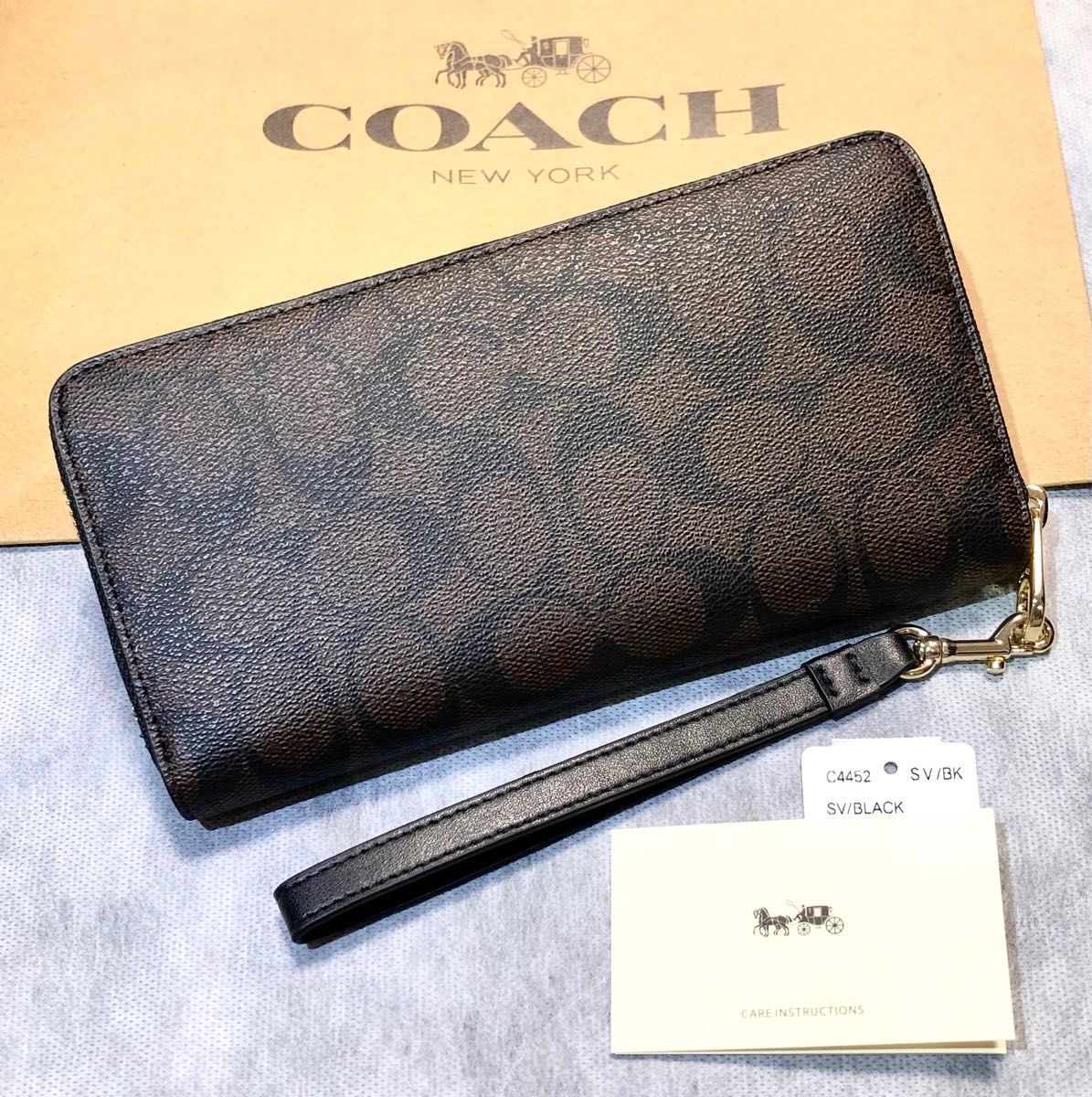 COACH コーチ 長財布 ストラップ シグネチャー ダークブラウン（こげ茶）