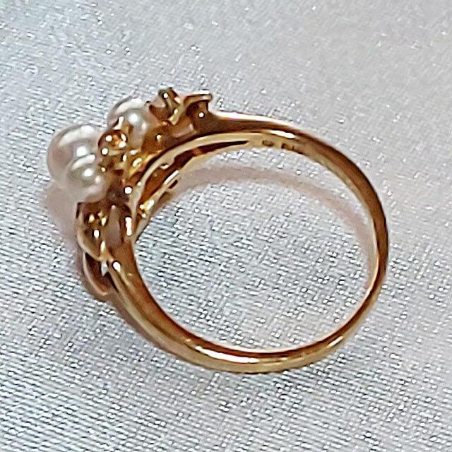 MIKIMOTO ミキモト リング 指輪 パール 真珠 ダイヤ K18 イエローゴールド リーフ ヴィンテージ18金 アンティーク ケース付きの画像4