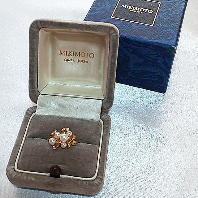 MIKIMOTO ミキモト リング 指輪 パール 真珠 ダイヤ K18 イエローゴールド リーフ ヴィンテージ18金 アンティーク ケース付きの画像5