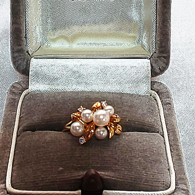 MIKIMOTO ミキモト リング 指輪 パール 真珠 ダイヤ K18 イエローゴールド リーフ ヴィンテージ18金 アンティーク ケース付きの画像1