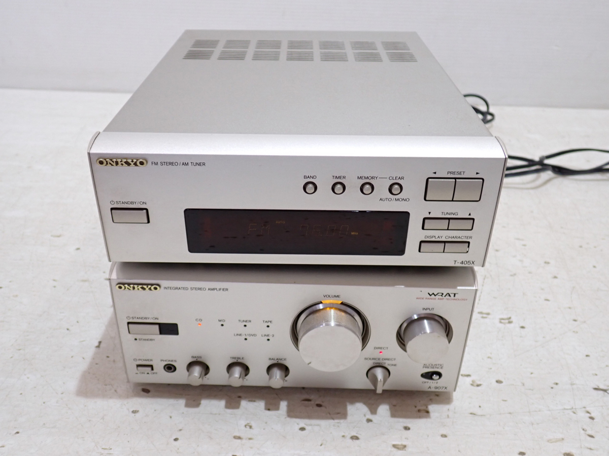 【Y9857】 ONKYO オンキヨー ワイドFM対応 FM/AMチューナー T-405X インテグレーテッド ステレオアンプ A-907X 通電品 セット/音響機器の画像1