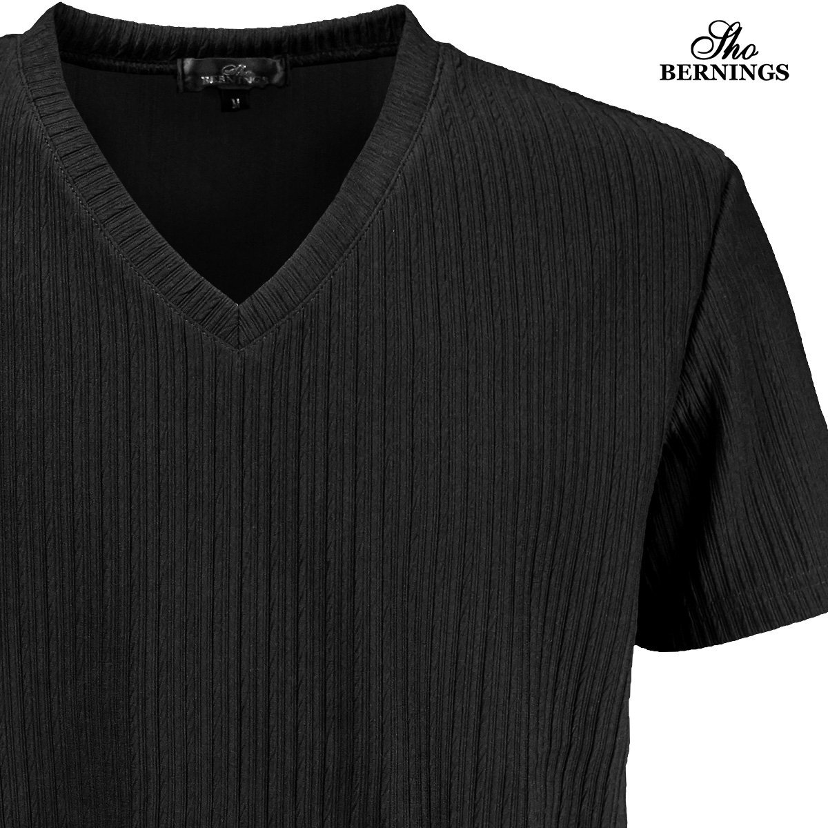 317932-90 Bernings sho Tシャツ Vネック ストライプ織柄 ジャガード メンズ シンプル 半袖 (ブラック黒) L カットソー トップス タイト_画像3
