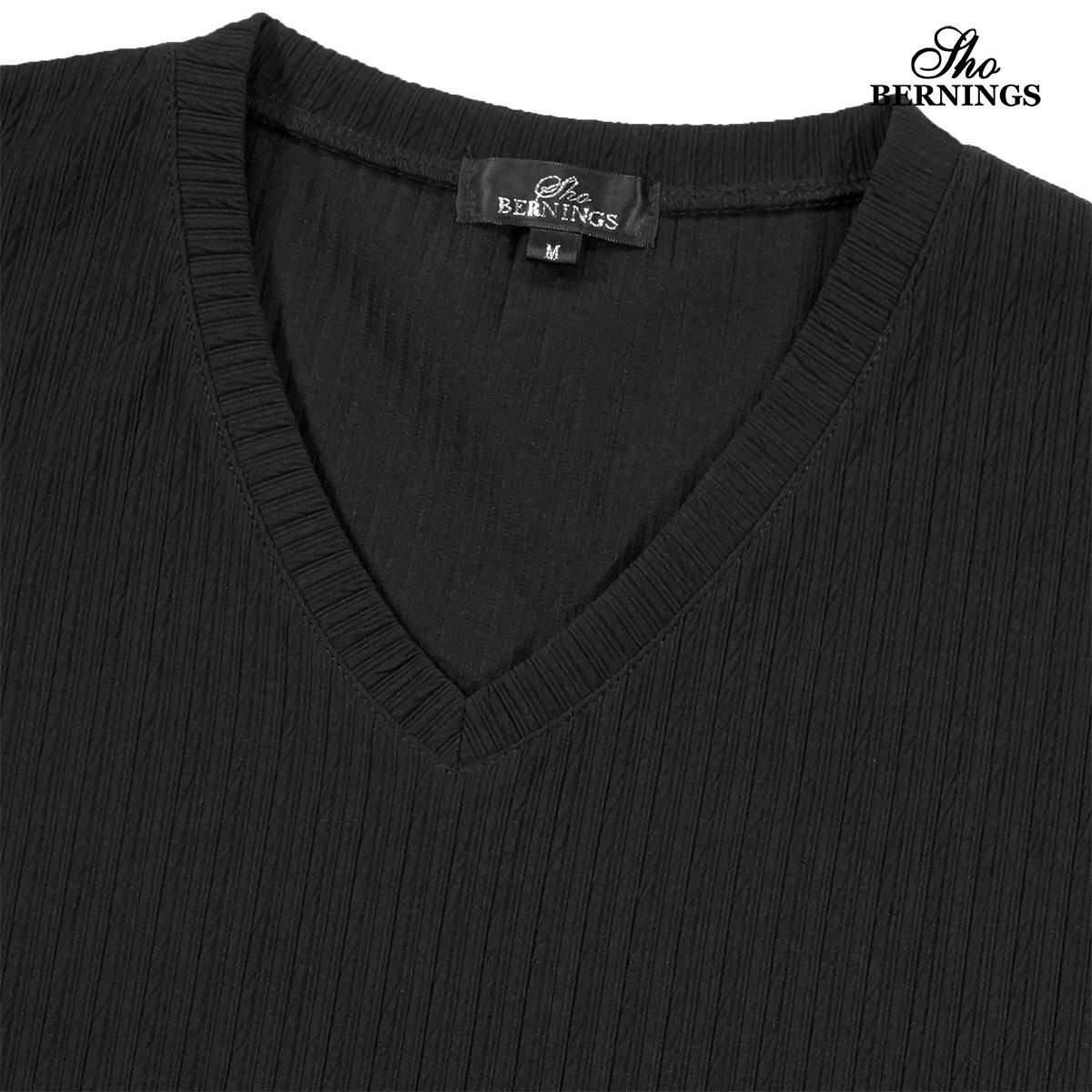 317932-90 Bernings sho Tシャツ Vネック ストライプ織柄 ジャガード メンズ シンプル 半袖 (ブラック黒) L カットソー トップス タイト_画像5