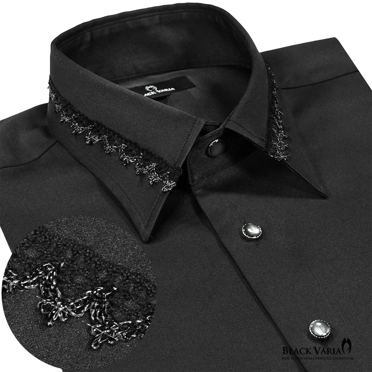 21170-2bk BlackVaria 襟レース ストーン風装飾ボタン ドレスシャツ パウダーサテン メンズ(ブラックレース黒シャツ) XL パーティー 上品_画像1