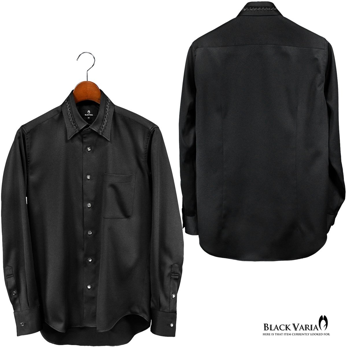 21170-2bk BlackVaria 襟レース ストーン風装飾ボタン ドレスシャツ パウダーサテン メンズ(ブラックレース黒シャツ) L パーティー 上品_画像6