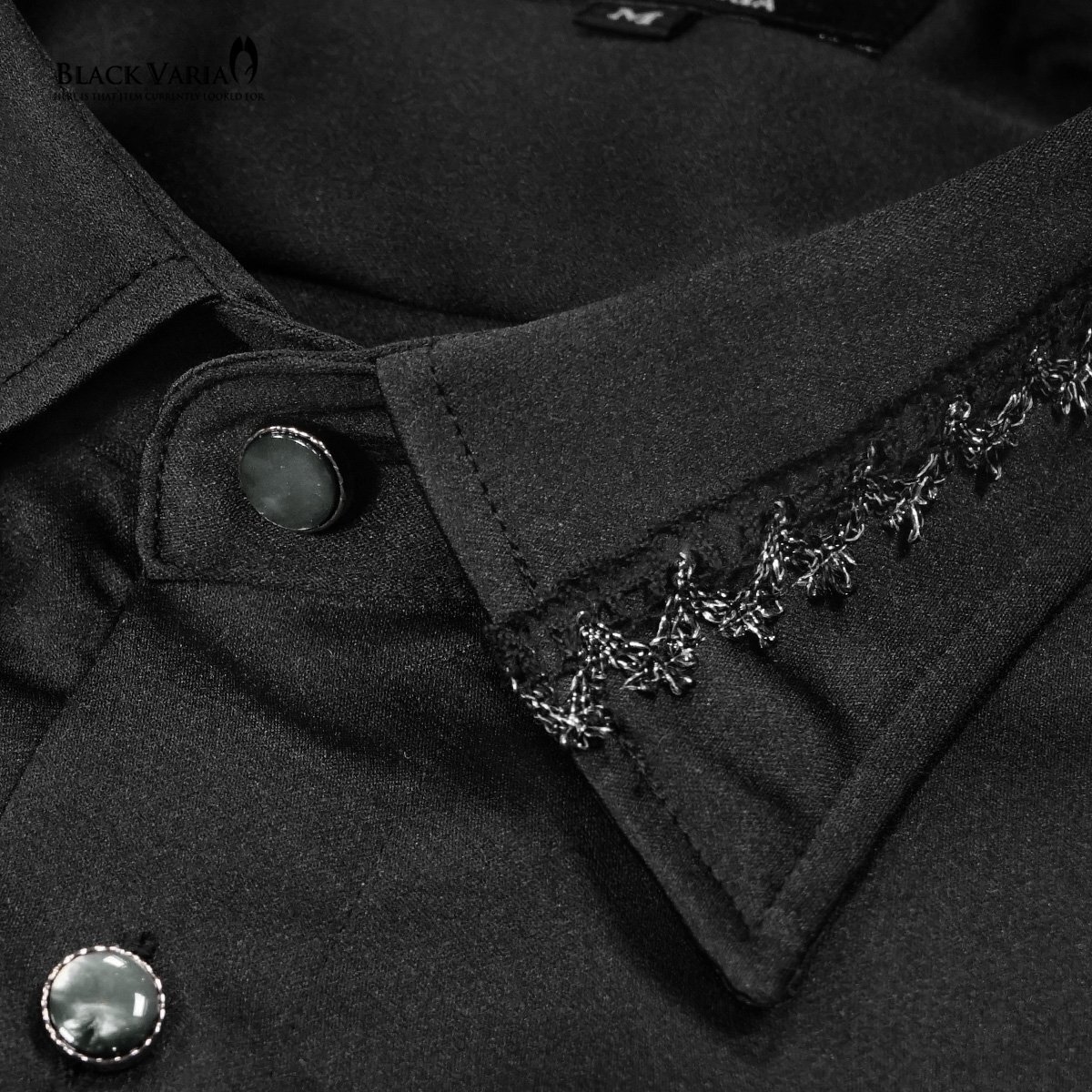 21170-2bk BlackVaria 襟レース ストーン風装飾ボタン ドレスシャツ パウダーサテン メンズ(ブラックレース黒シャツ) XL パーティー 上品_画像5