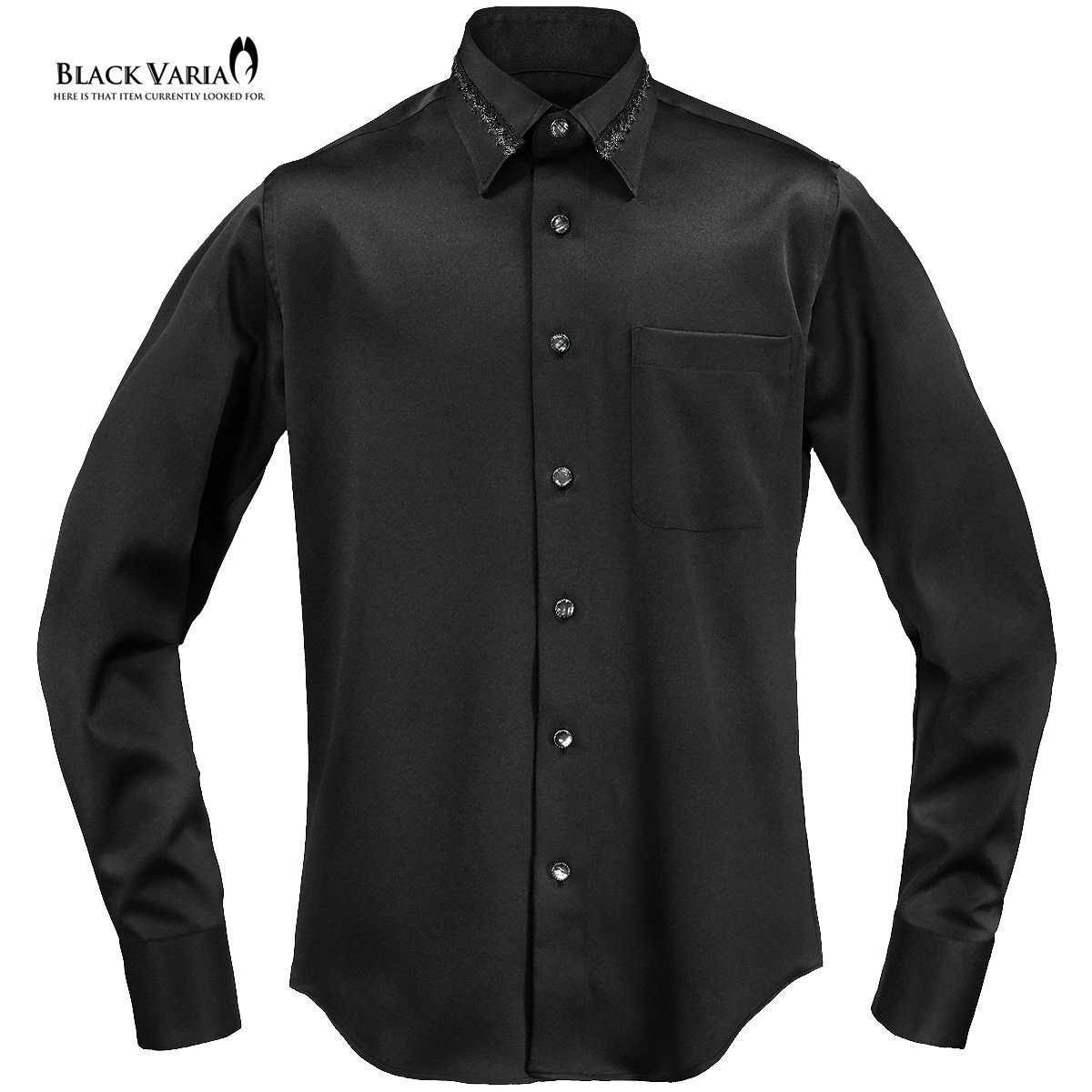 21170-2bk BlackVaria 襟レース ストーン風装飾ボタン ドレスシャツ パウダーサテン メンズ(ブラックレース黒シャツ) XL パーティー 上品_画像2