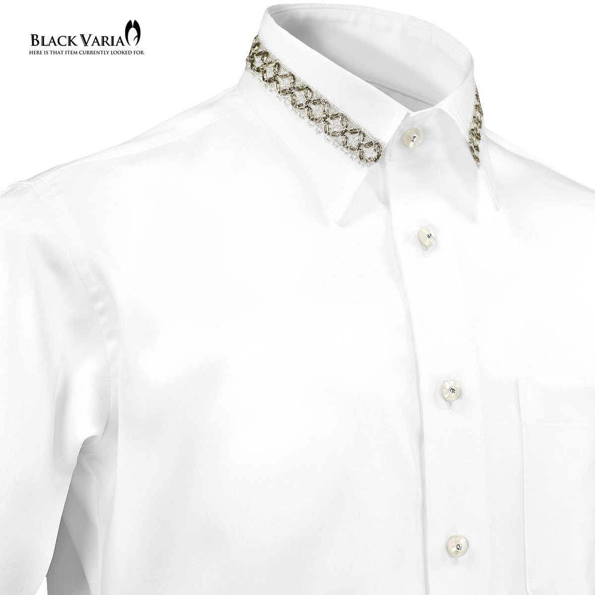21170-0wh BlackVaria 襟レース ラインストーンボタン ドレスシャツ パウダーサテン メンズ(ゴールドレース白シャツ) XL パーティー 上品_画像7