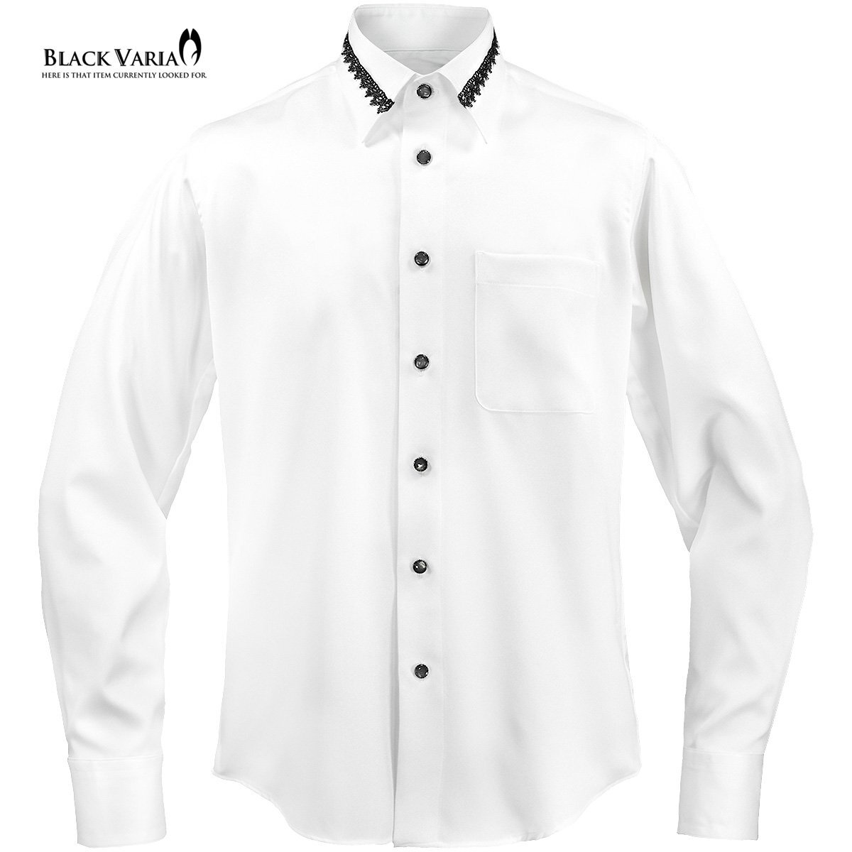 21170-2wh BlackVaria 襟レース ラインストーンボタン ドレスシャツ パウダーサテン メンズ(ブラックレース白シャツ) L パーティー 上品_画像2