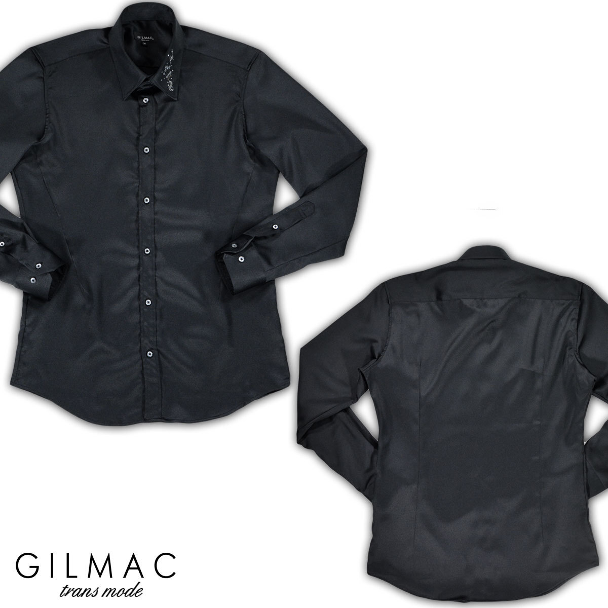 36741-2 GILMAC イタリアンカラー クラウン王冠 襟ラインストーン 長袖サテンドレスシャツ メンズ(ブラック黒) S スキッパー_画像4