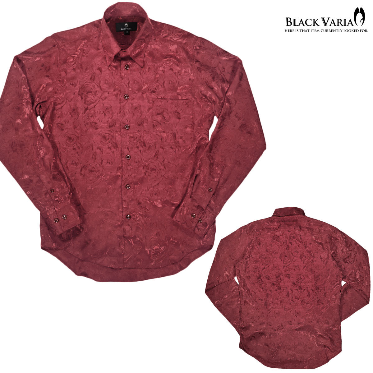 161222-win BLACK VARIA ドゥエボットーニ 光沢ローズ花柄 織柄 スナップダウン 長袖シャツ メンズ(ワインレッド赤) L パーティー_画像4