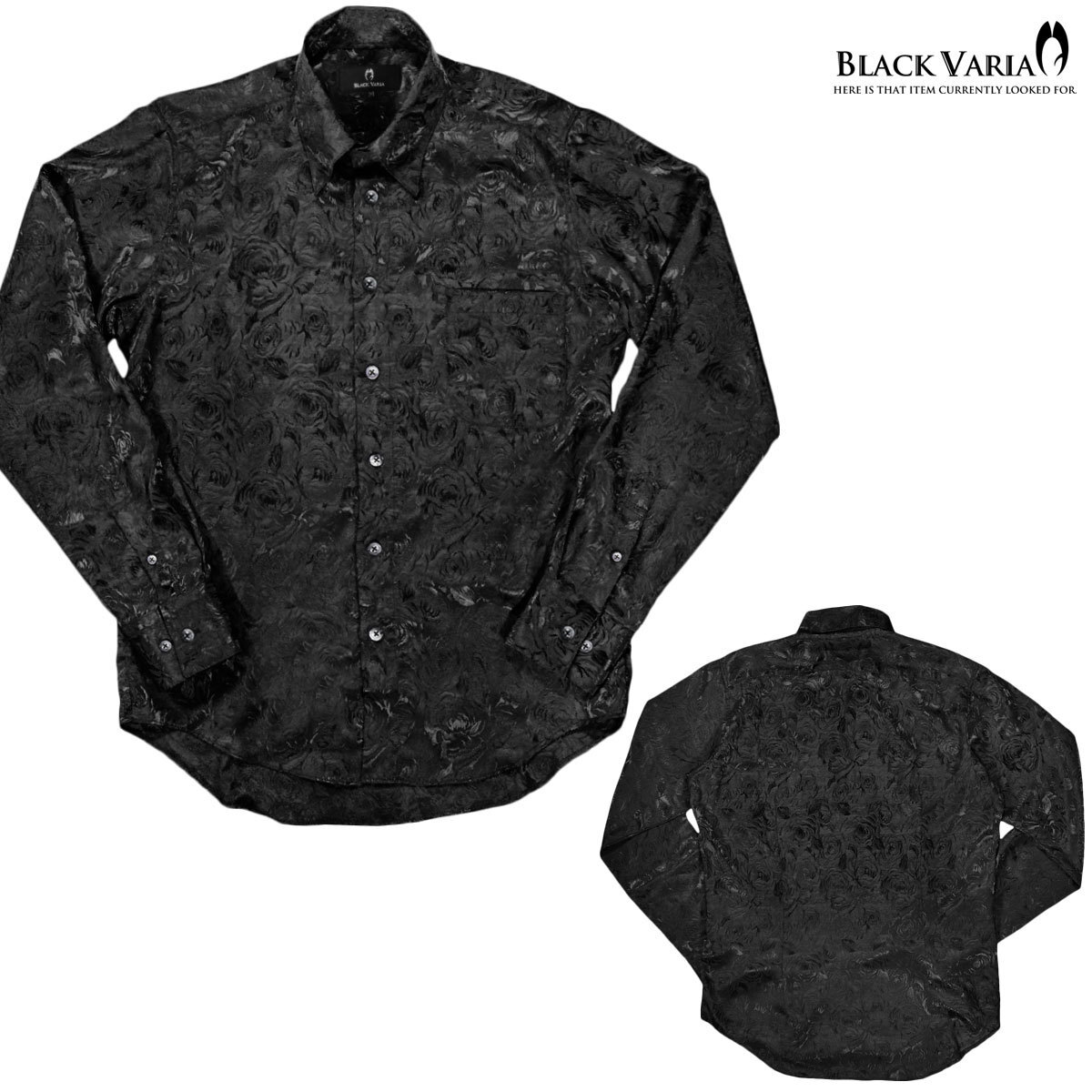 a161222-bk BlackVaria ドゥエボットーニ 花柄 薔薇 ジャガード レギュラーカラー サテン ドレスシャツ メンズ(ブラック黒) XL パーティー_画像4