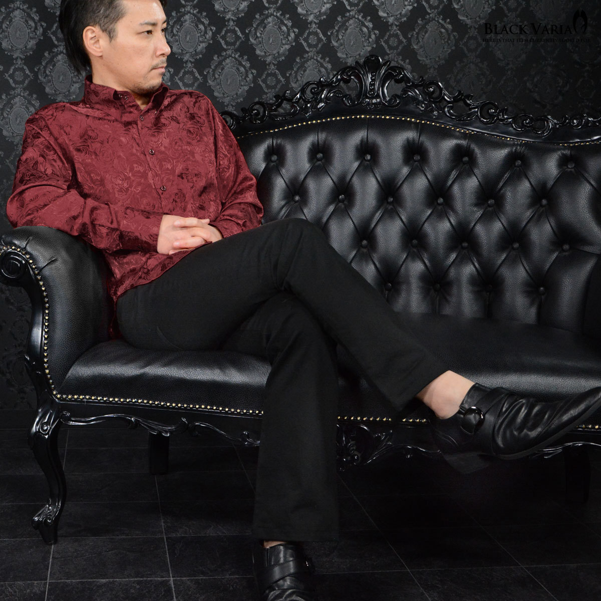 a161222-win BlackVaria ドゥエボットーニ 花柄 薔薇 ジャガード レギュラーカラー サテン ドレスシャツ メンズ(ワインレッド赤) L 上品_画像6