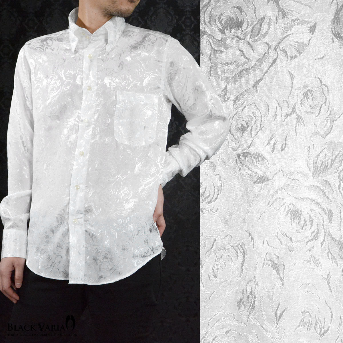 a161222-wh BlackVaria ドゥエボットーニ 花柄 薔薇 ジャガード レギュラーカラー サテン ドレスシャツ メンズ(ホワイト白) 3L パーティー_画像2