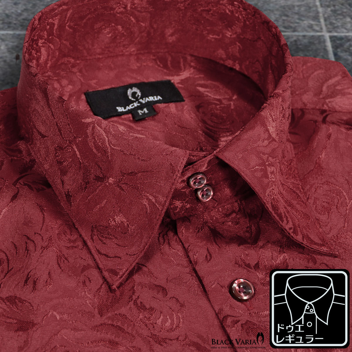 a161222-win BlackVaria ドゥエボットーニ 花柄 薔薇 ジャガード レギュラーカラー サテン ドレスシャツ メンズ(ワインレッド赤) L 上品_画像1