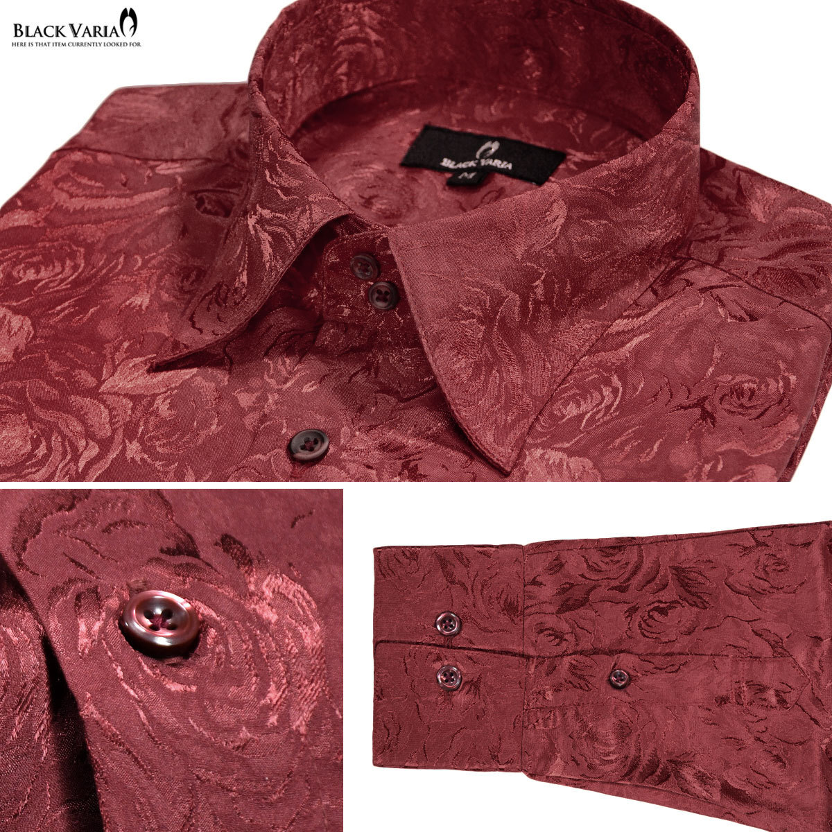 a161222-win BlackVaria ドゥエボットーニ 花柄 薔薇 ジャガード レギュラーカラー サテン ドレスシャツ メンズ(ワインレッド赤) L 上品_画像5