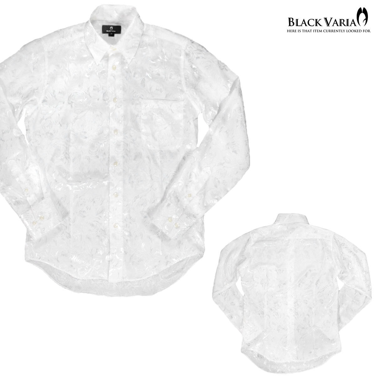 a161222-wh BlackVaria ドゥエボットーニ 花柄 薔薇 ジャガード レギュラーカラー サテン ドレスシャツ メンズ(ホワイト白) L パーティー_画像4