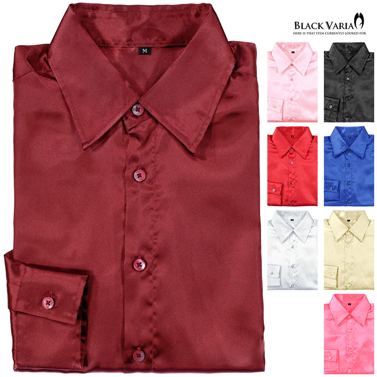 ネコポス可★141405-re BLACK VARIA 光沢サテン 無地 スリム レギュラーカラードレスシャツ メンズ(ワインレッド赤) SS 衣装_画像4