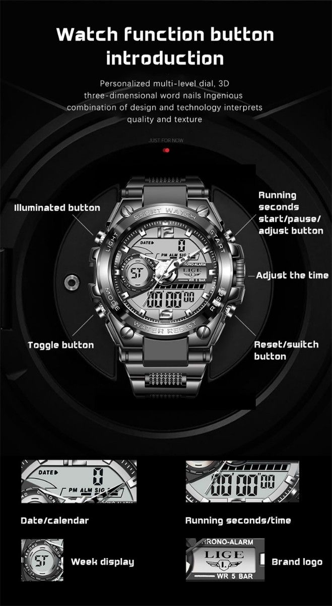 メンズ腕時計 アナログ デジタル ウォッチ 新品未使用 LIGE アナデジ デジアナ 防水50M ダイバーズ ミリタリー ブラック