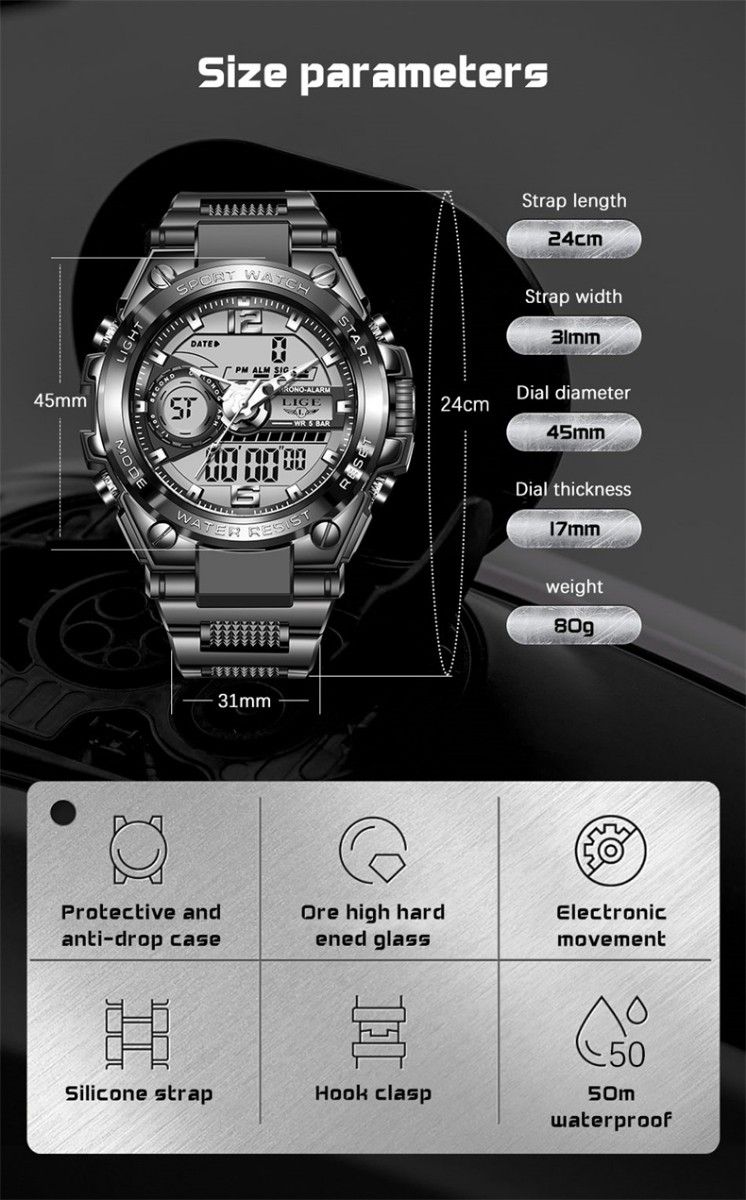 メンズ腕時計 アナログ デジタル ウォッチ 新品未使用 LIGE アナデジ デジアナ 防水50M ダイバーズ ミリタリー ブラック