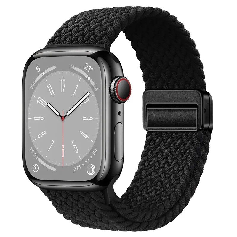 Apple watch アップルウォッチ バンド ベルト 42 44 45 49mm対応 編組ソロループ  マグネット ブラック
