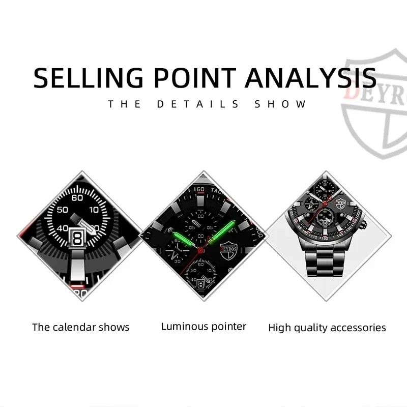 メンズ腕時計 新品未使用 アナログ DEYROS BBSL ファッション クォーツ ウォッチ クロノグラフ ブラック&ブラック