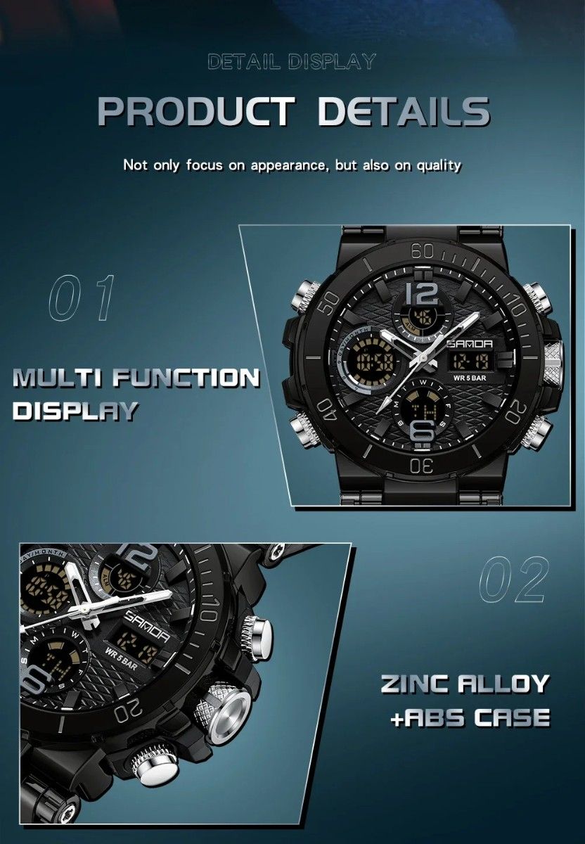 メンズ腕時計 アナログ デジタル ウォッチ 新品未使用 SANDA アナデジ デジアナ 50M ミリタリー ダイバーズ シルバー