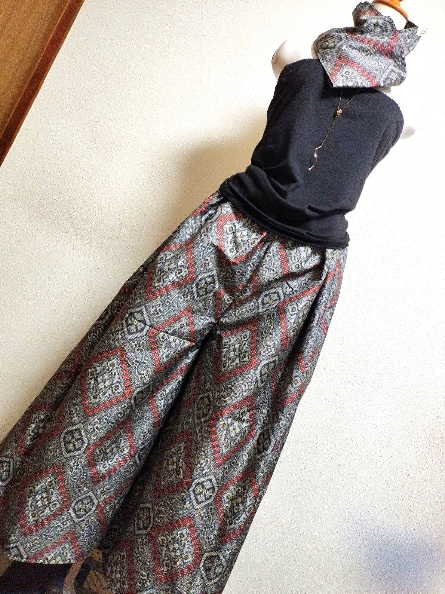1195　着物リメイク☆大島紬ギャザースカート+ガウチョパンツ＆トートバッグストール