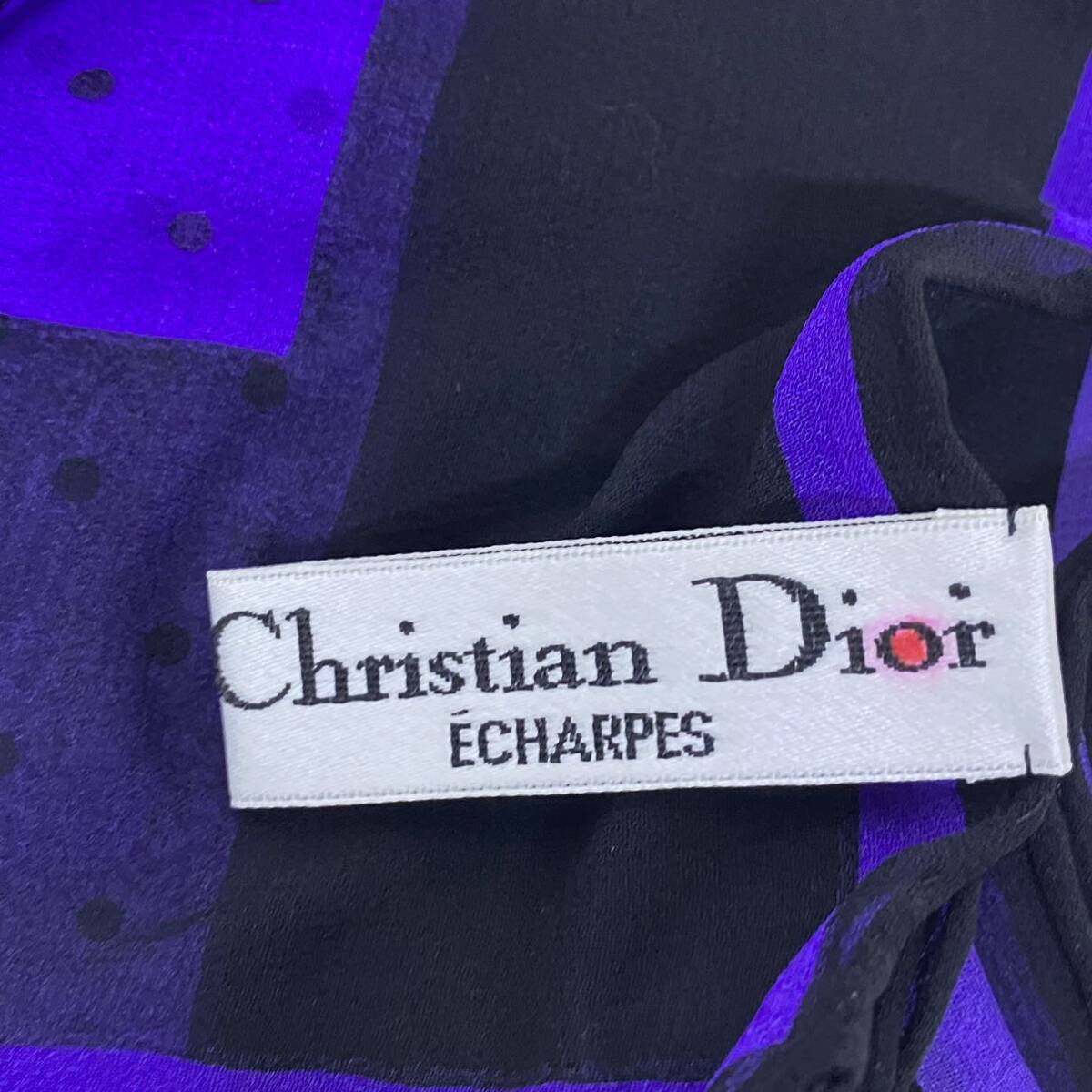 ♪ Christian Dior 大判シルクスカーフ 絹100% クリスチャンディオール シフォン パープル×ブラック ドット柄 レディース 薄手 85×82cm_画像3